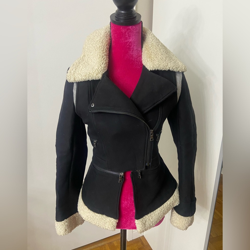 Bcbg black wool moto shearling jacket XS